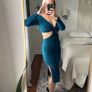 Lulus Dress Womens Size Small Blue Metallic‎ Midi Cut Out